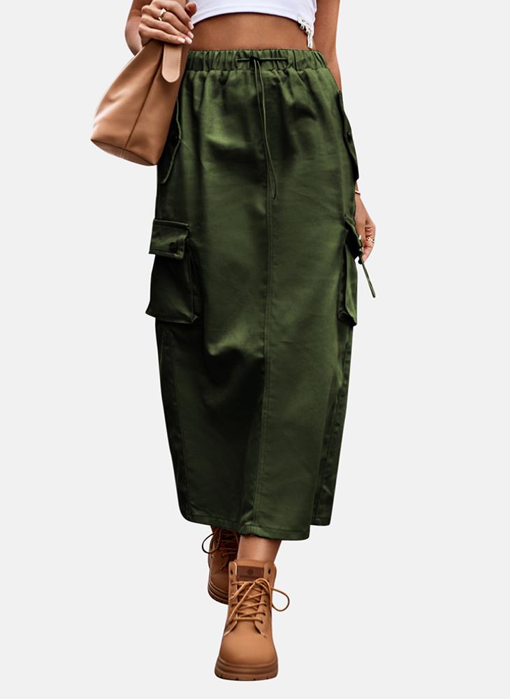 Green Mid Rise Plain Midi Skirt