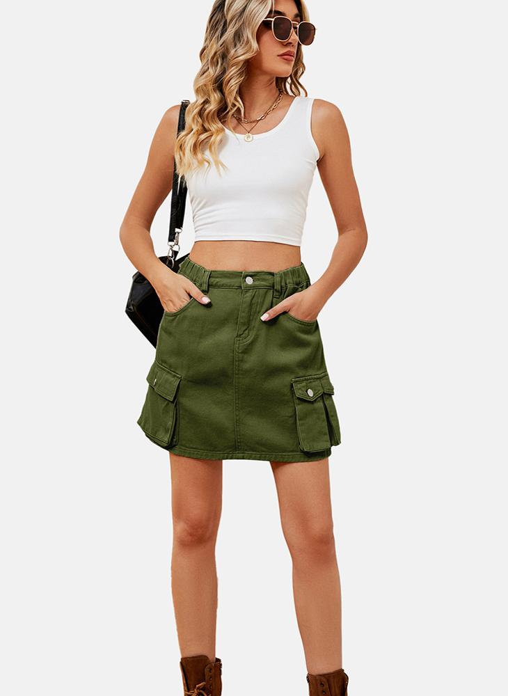 Green Mid Rise Plain Mini Skirt