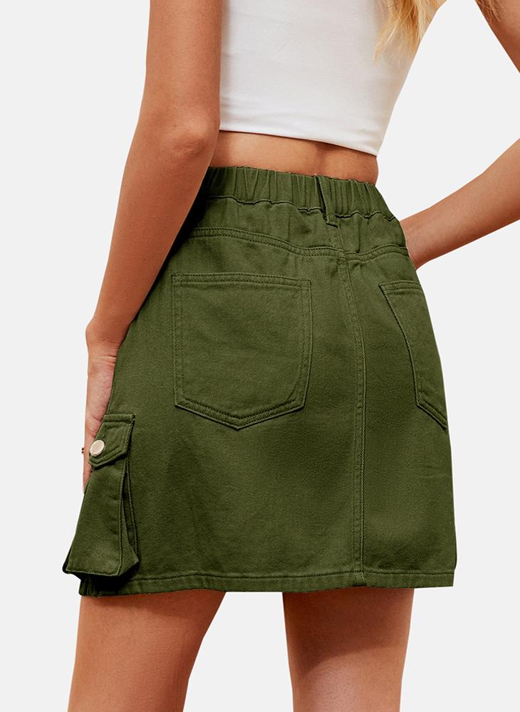 Green Mid Rise Plain Mini Skirt