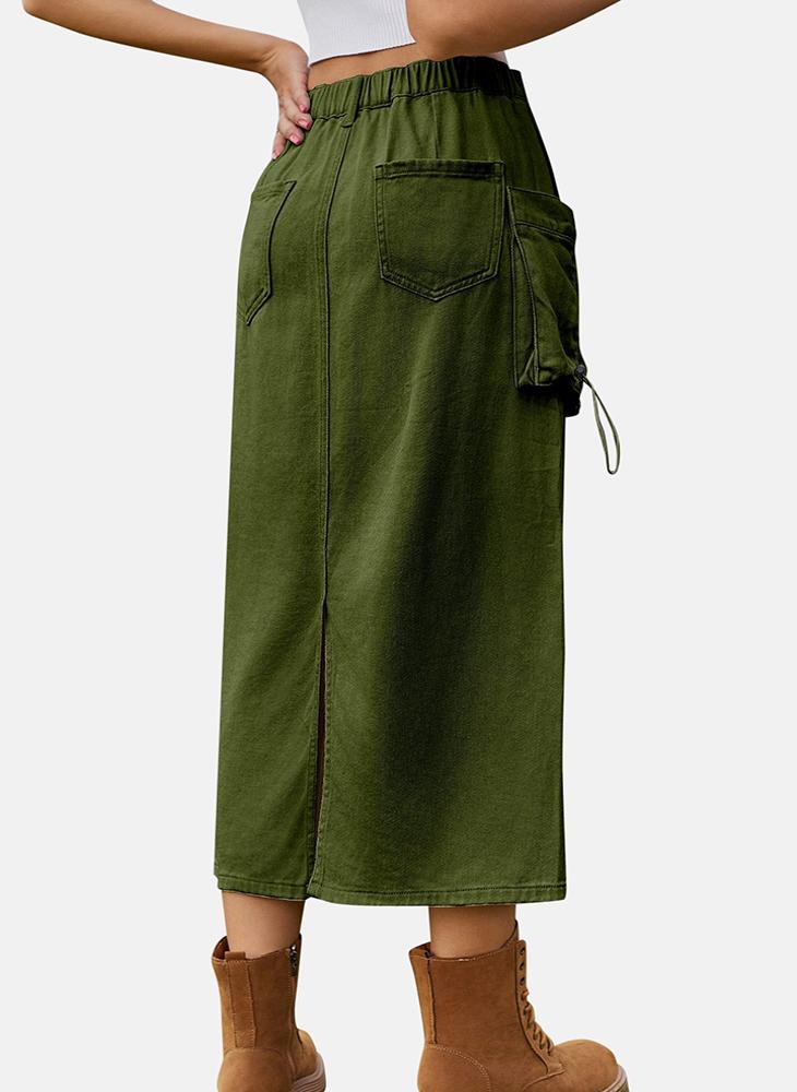 Green Mid Rise Plain Midi Skirt