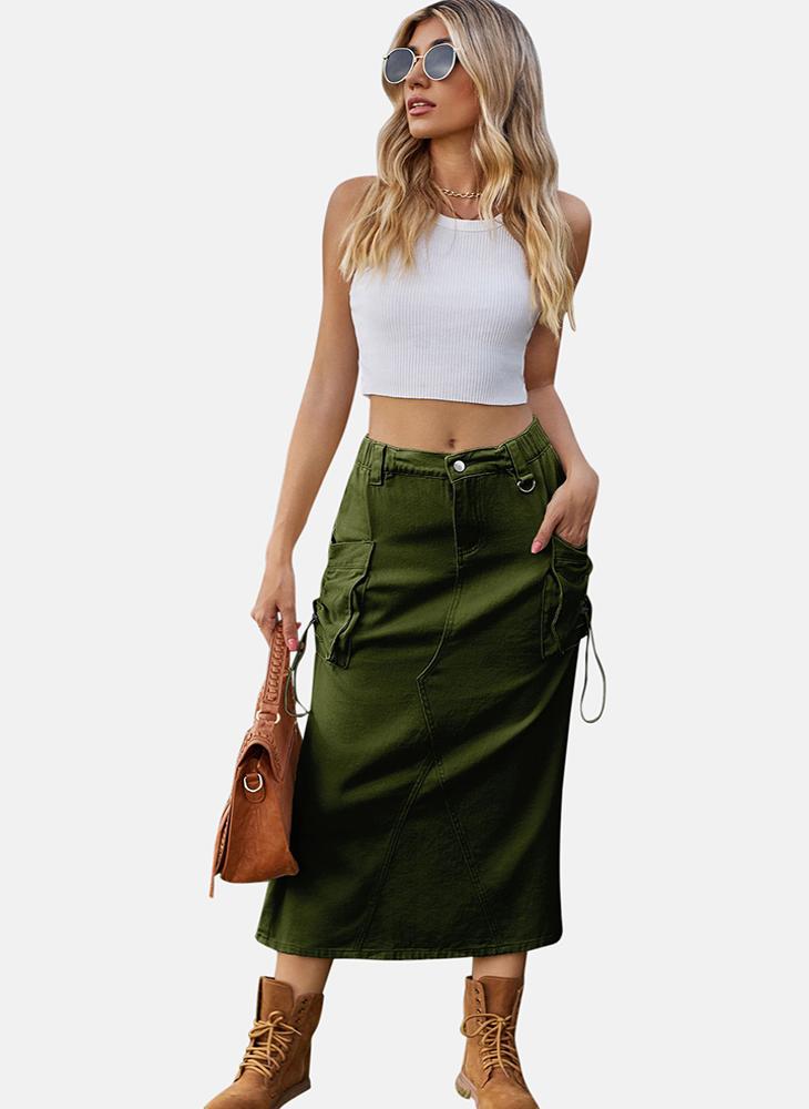 Green Mid Rise Plain Midi Skirt