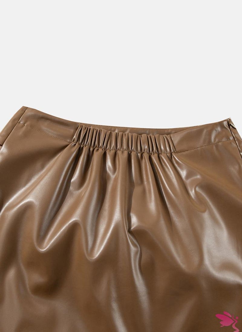 Brown Plain Casual Mini Skirt