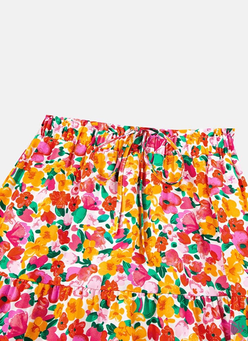 Red Tiered Floral Maxi Skirt