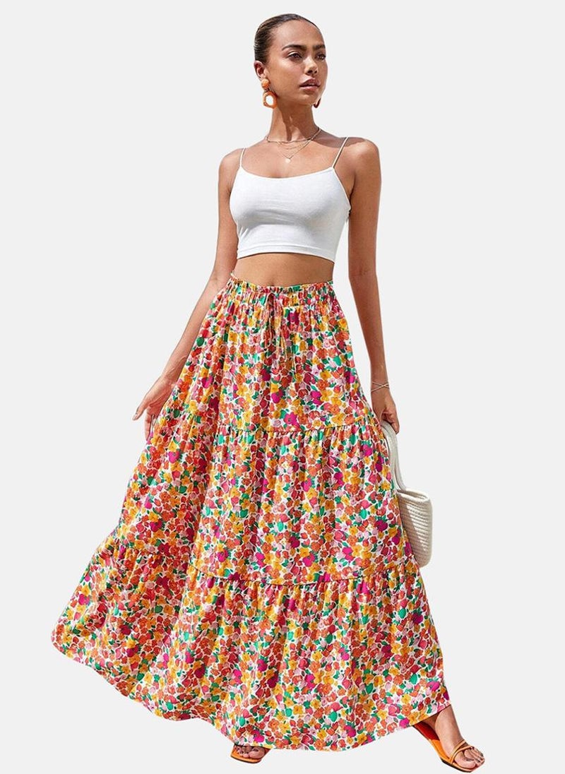 Red Tiered Floral Maxi Skirt