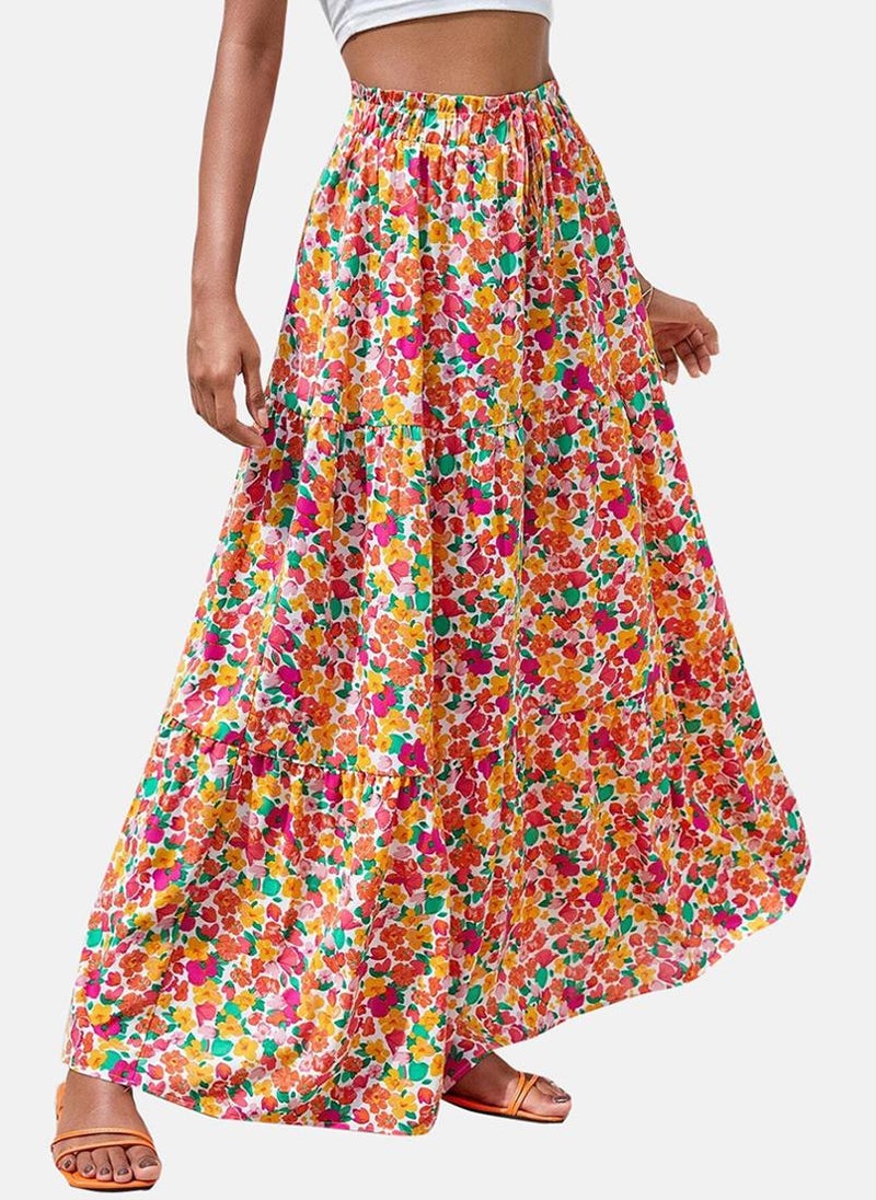 Red Tiered Floral Maxi Skirt