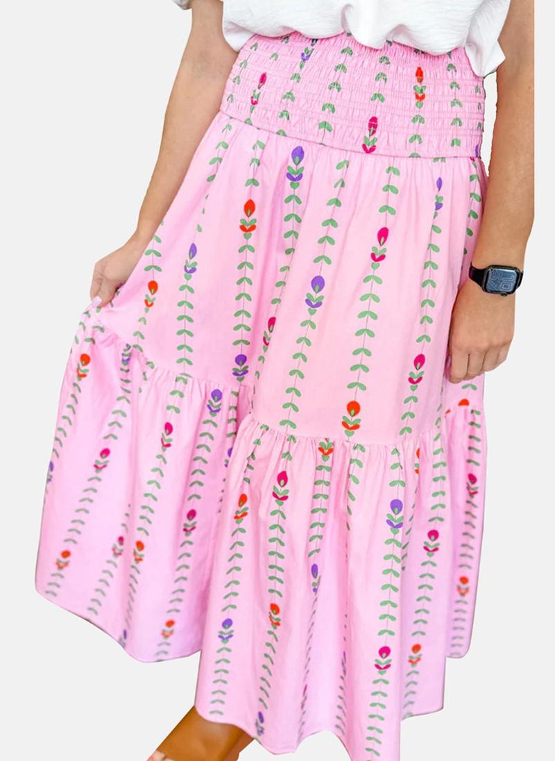 Pink Printed Tiered Maxi Skirt