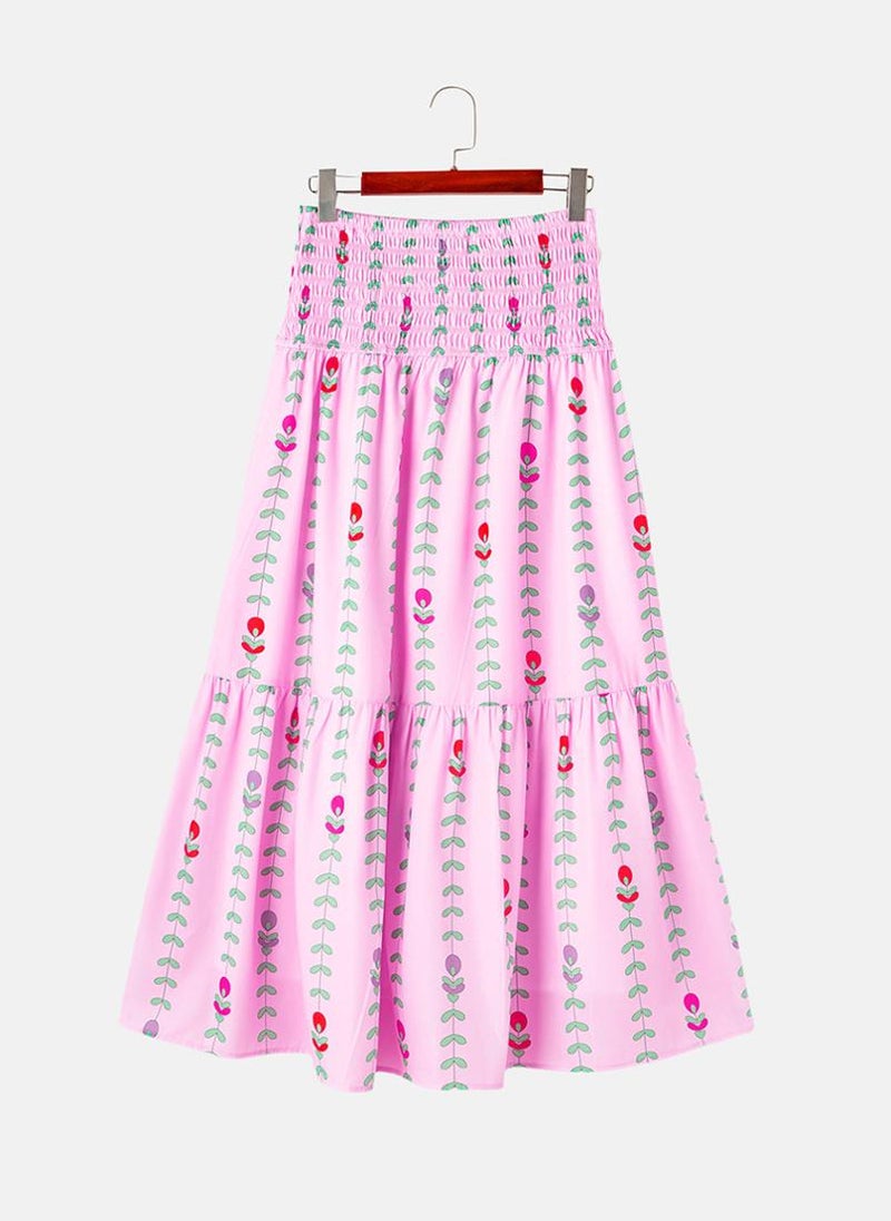 Pink Printed Tiered Maxi Skirt