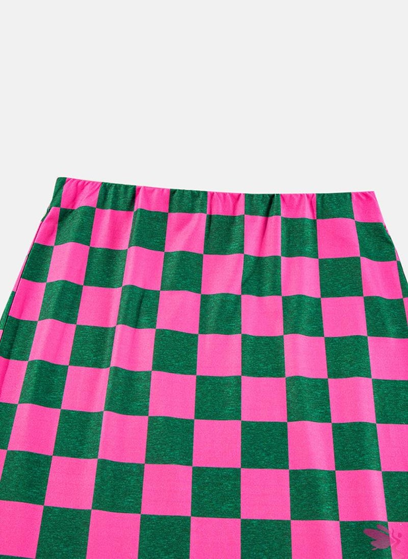 Pink Checked Bodycon Midi Skirt