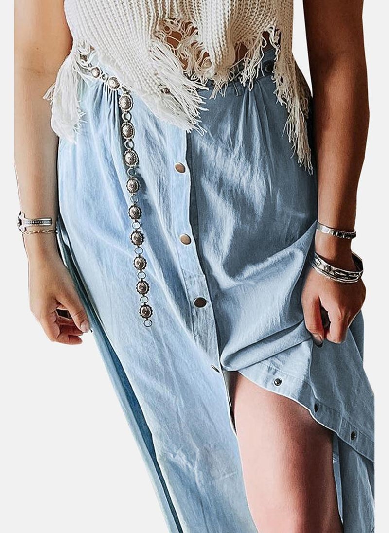 Blue Button-Detail A-Line Midi Skirt