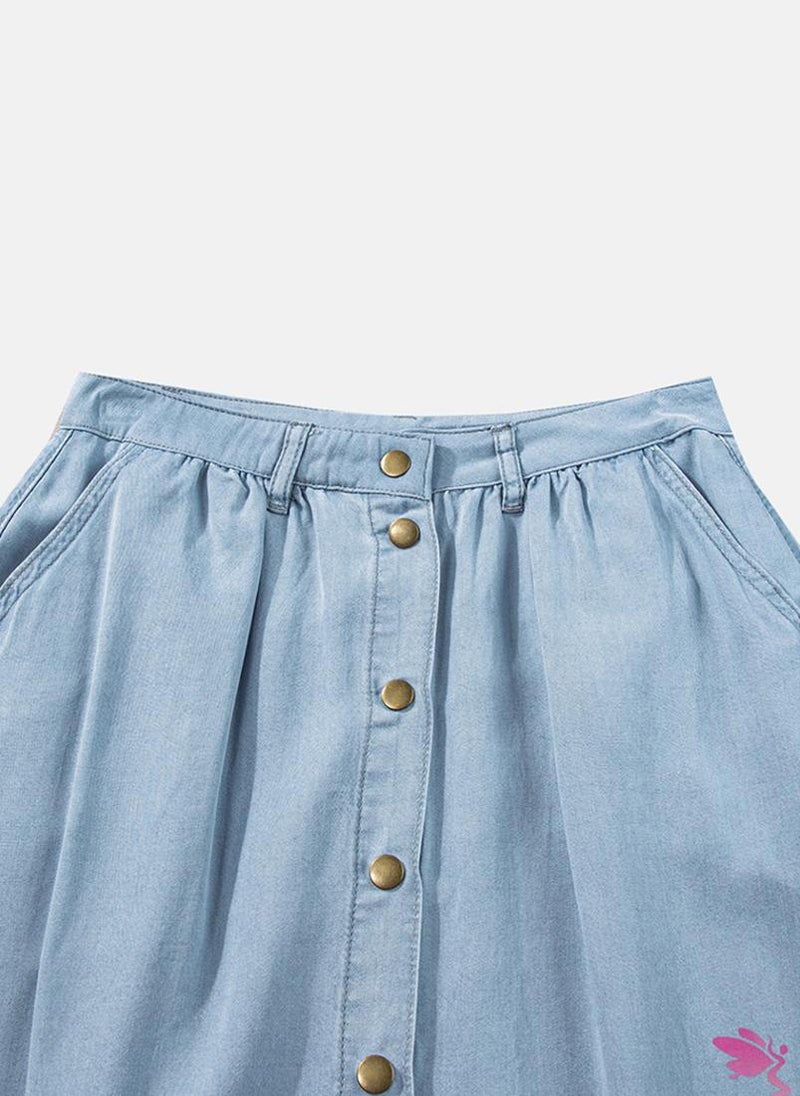 Blue Button-Detail A-Line Midi Skirt