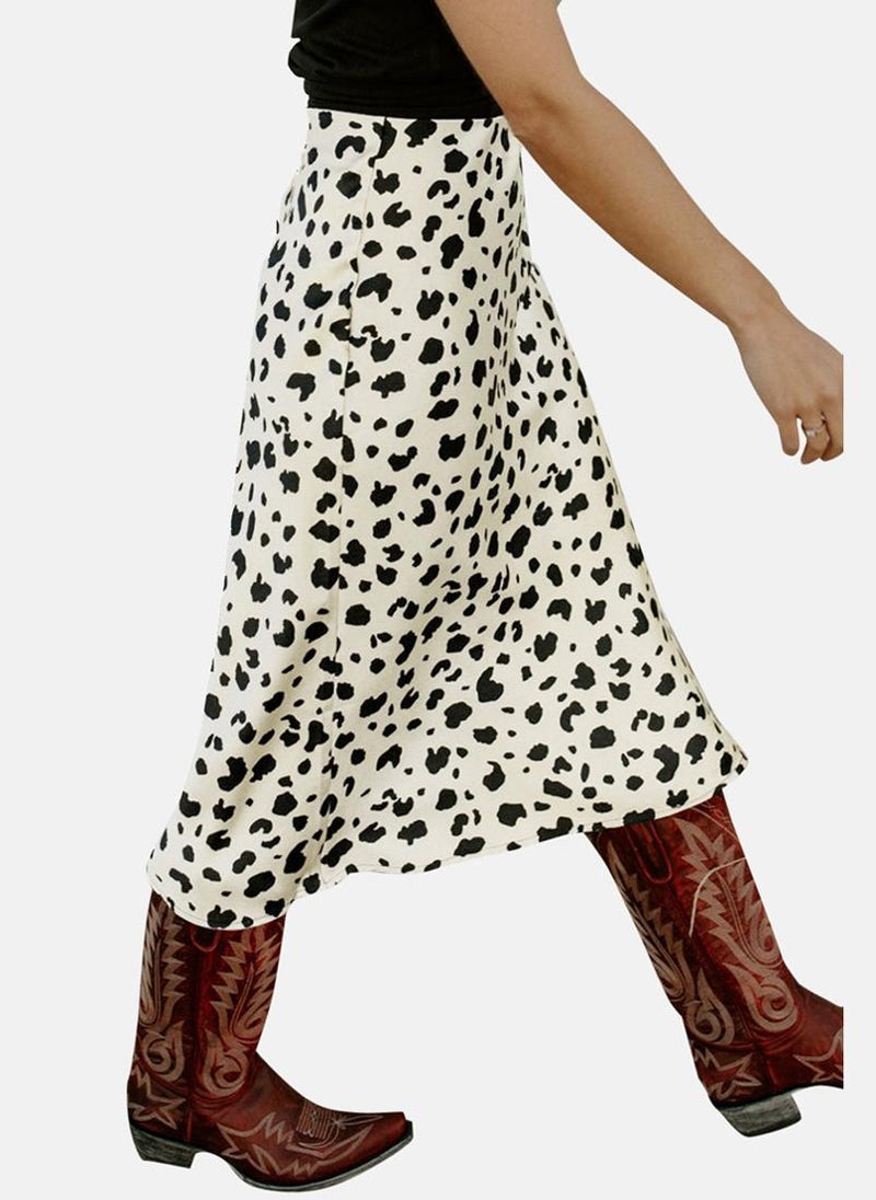 White Animal Print Side Slit Midi Skirt