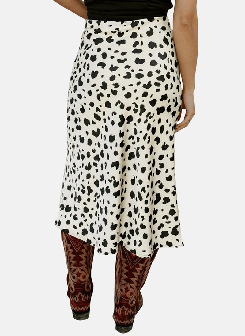 White Animal Print Side Slit Midi Skirt