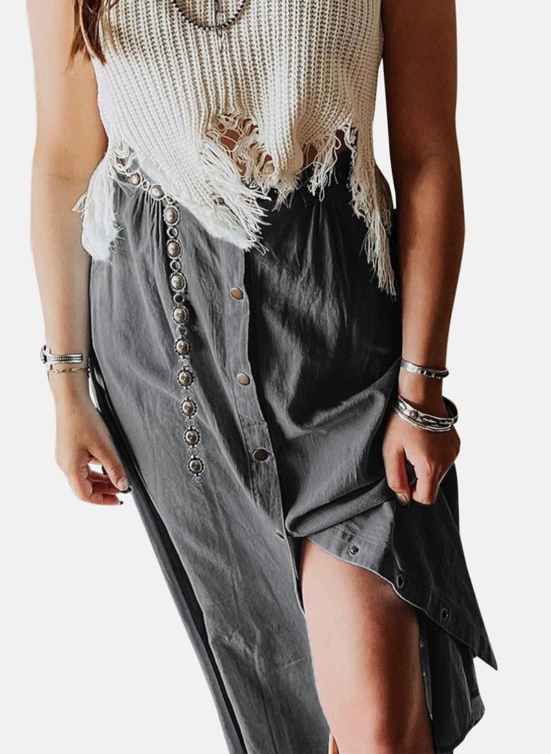 Grey Plain Front Slit A-Line Skirt