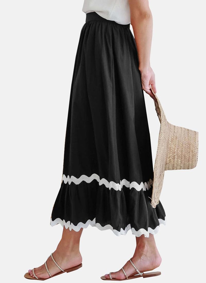 Black Flared Plain Midi Skirt