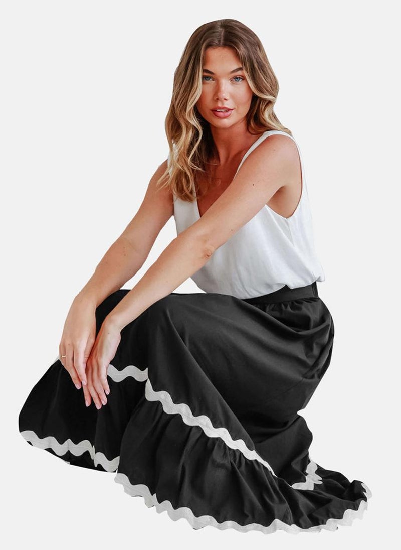 Black Flared Plain Midi Skirt