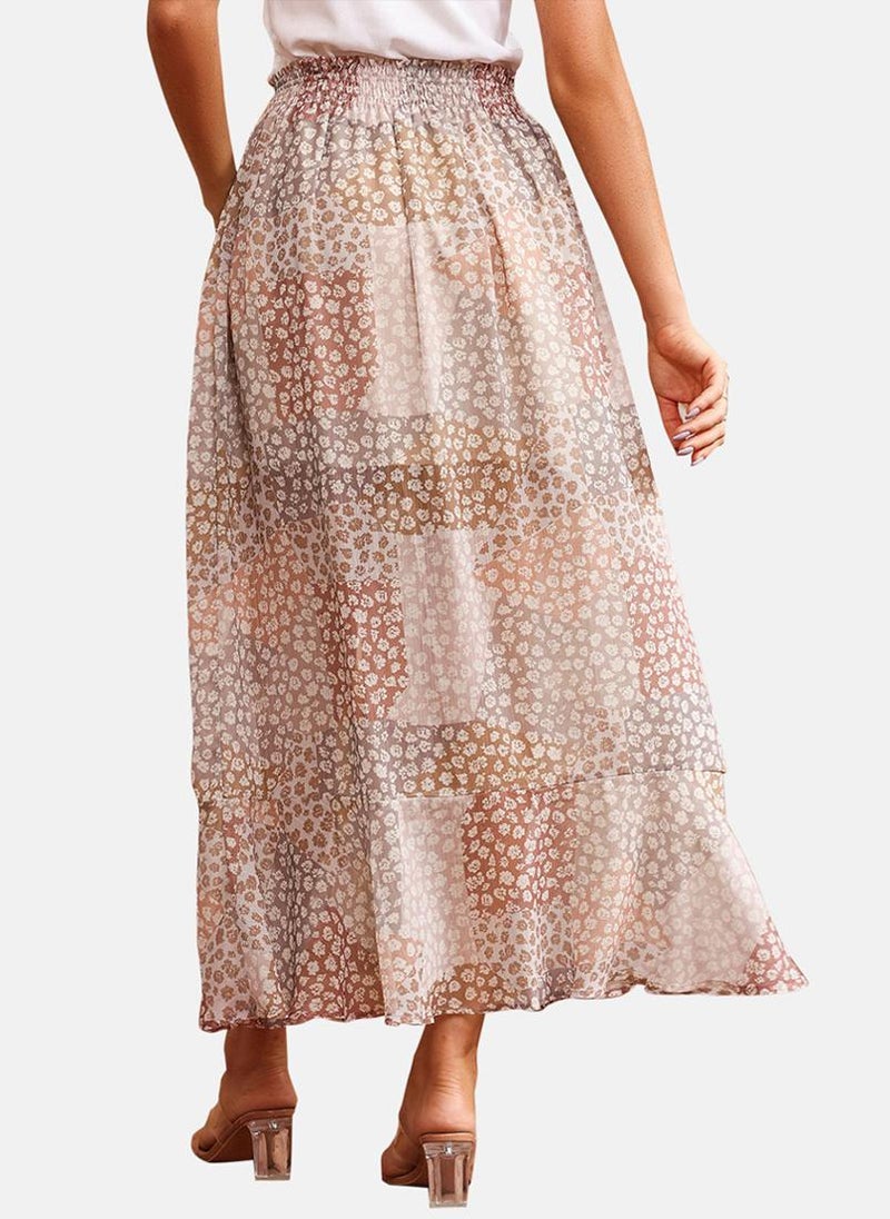 Brown Front Slit Tiered Midi Skirt