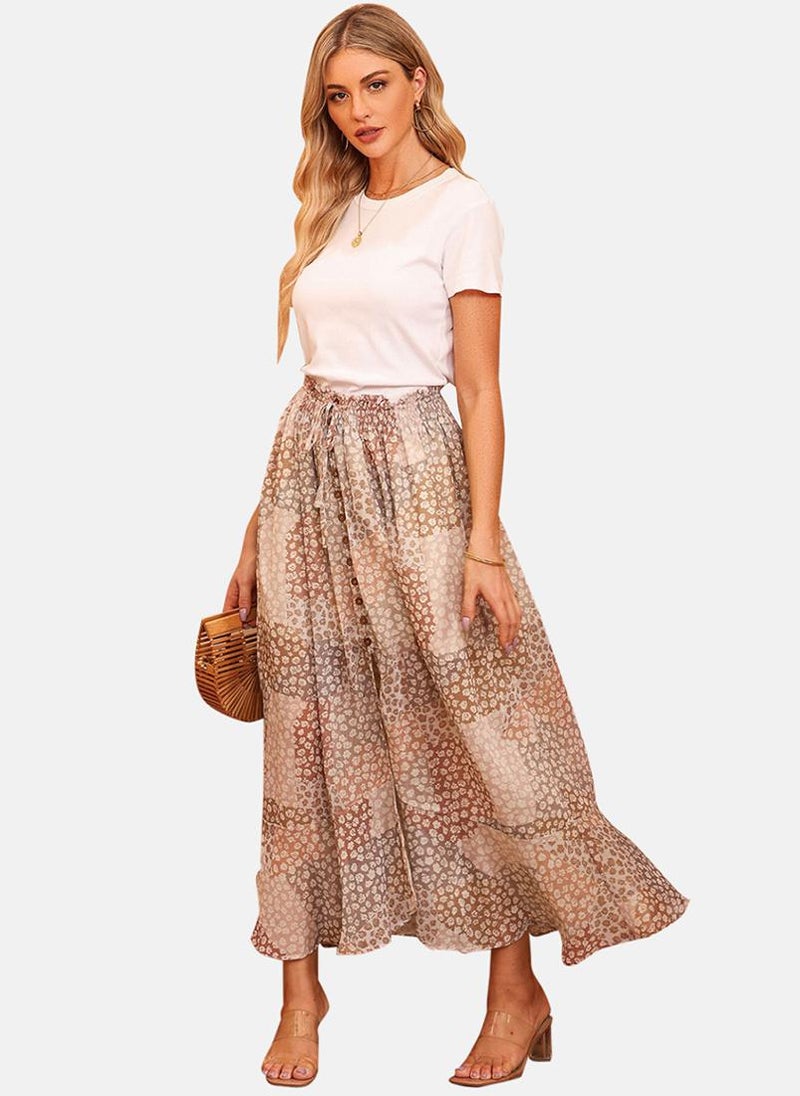 Brown Front Slit Tiered Midi Skirt