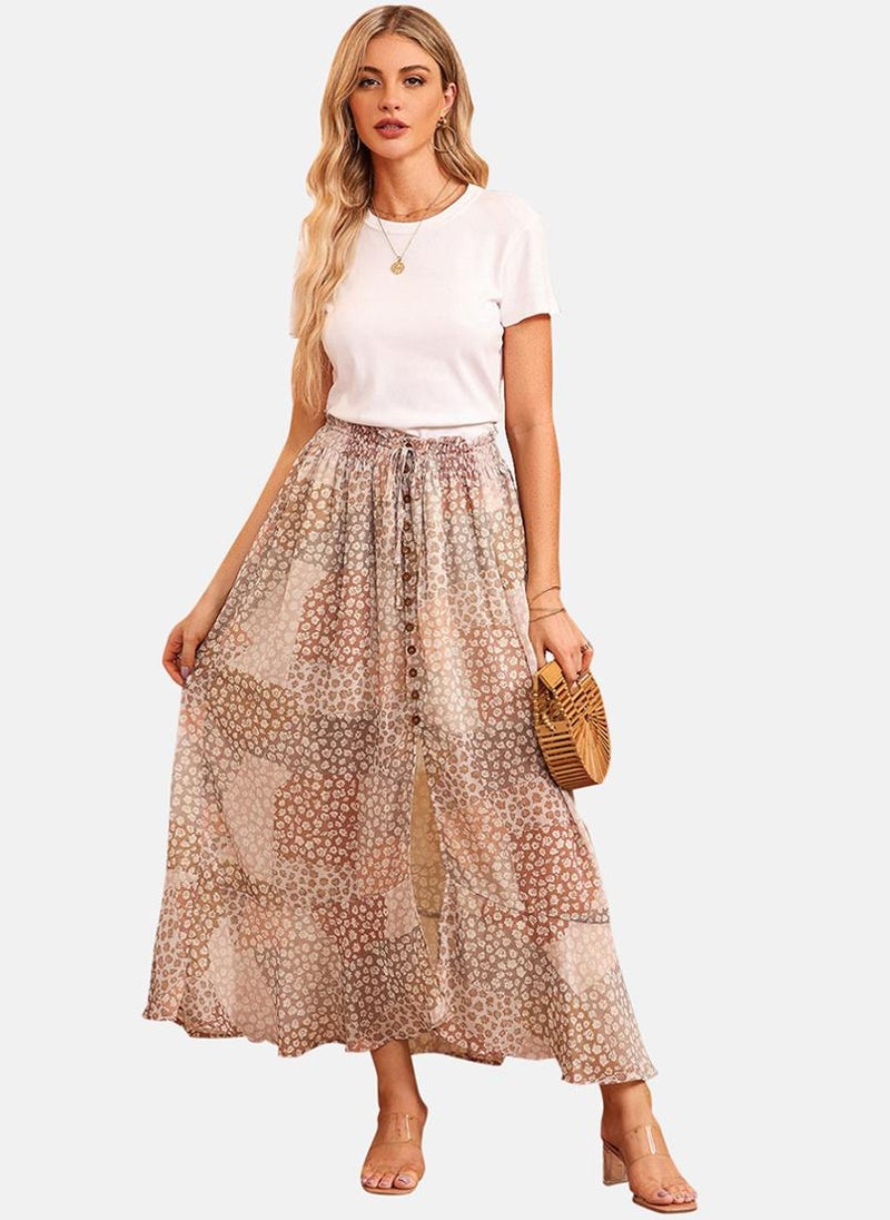 Brown Front Slit Tiered Midi Skirt