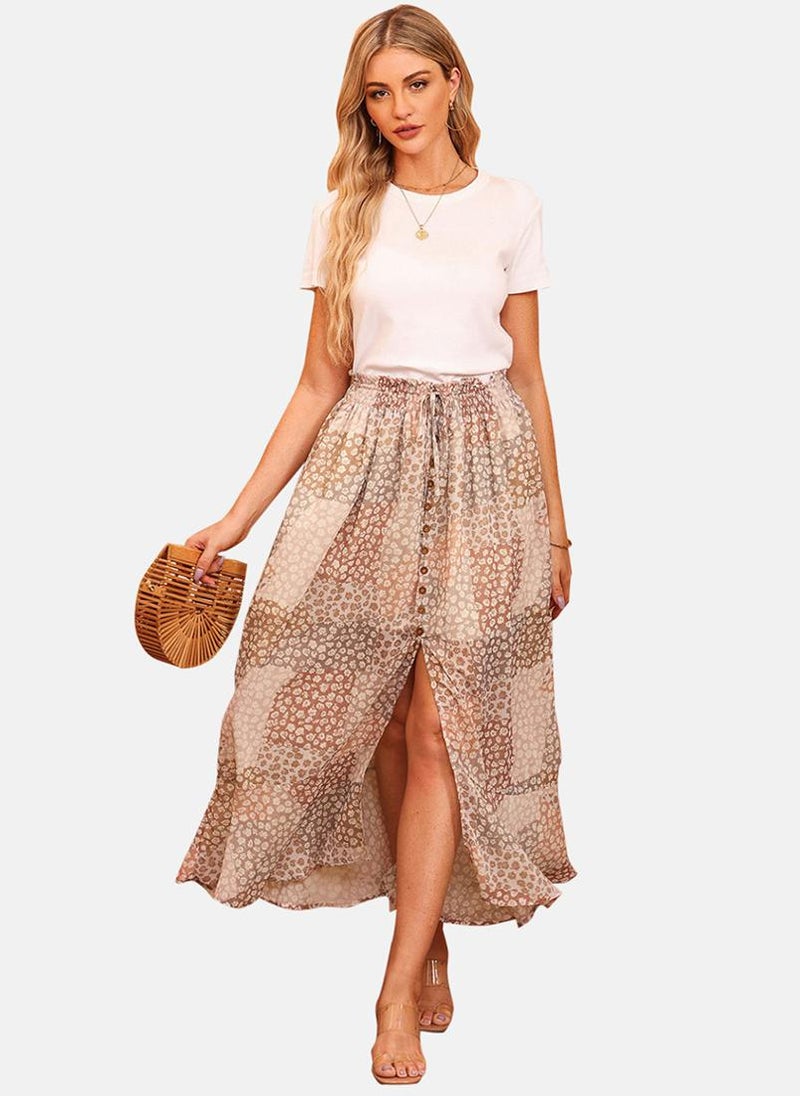 Brown Front Slit Tiered Midi Skirt