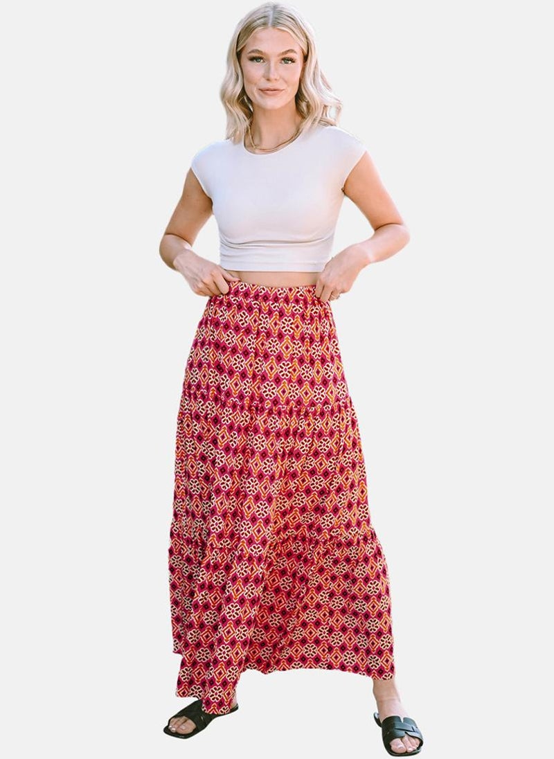 Red Printed Tiered Maxi Skirt