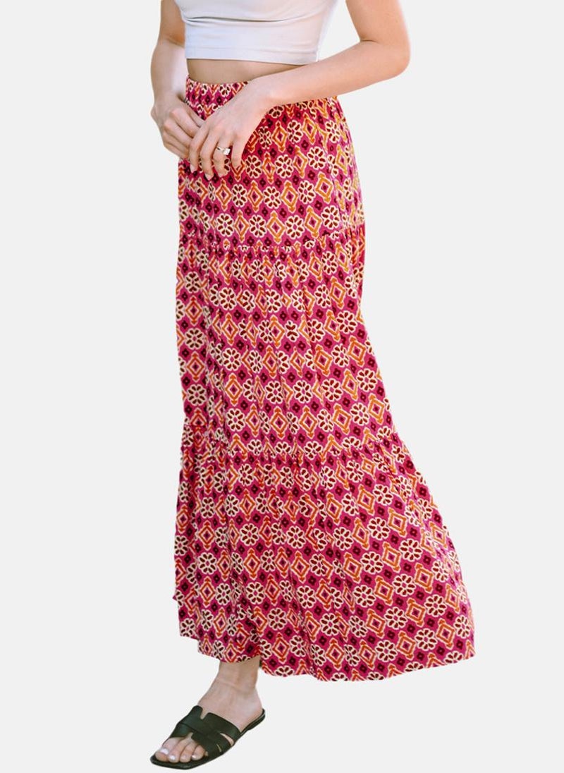 Red Printed Tiered Maxi Skirt