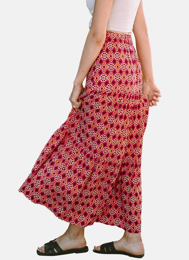 Red Printed Tiered Maxi Skirt