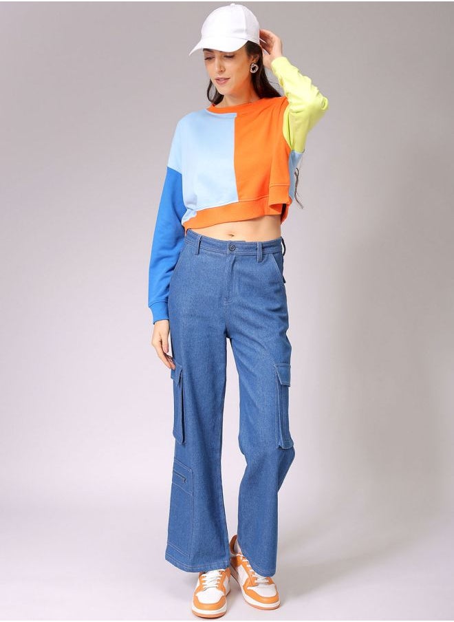 Women Boxy Fit Colourblocked Cropped Sweatshirt