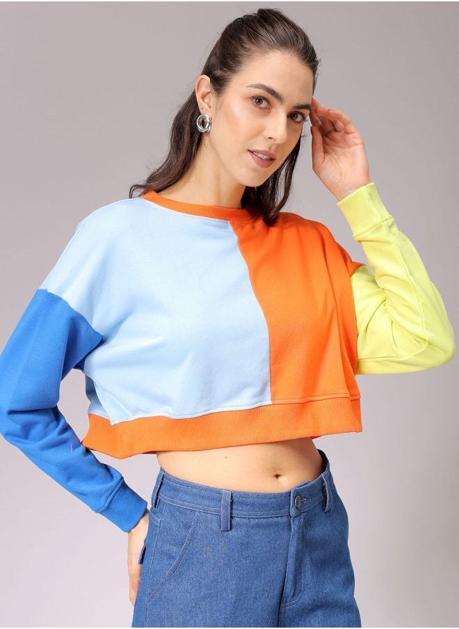 Women Boxy Fit Colourblocked Cropped Sweatshirt