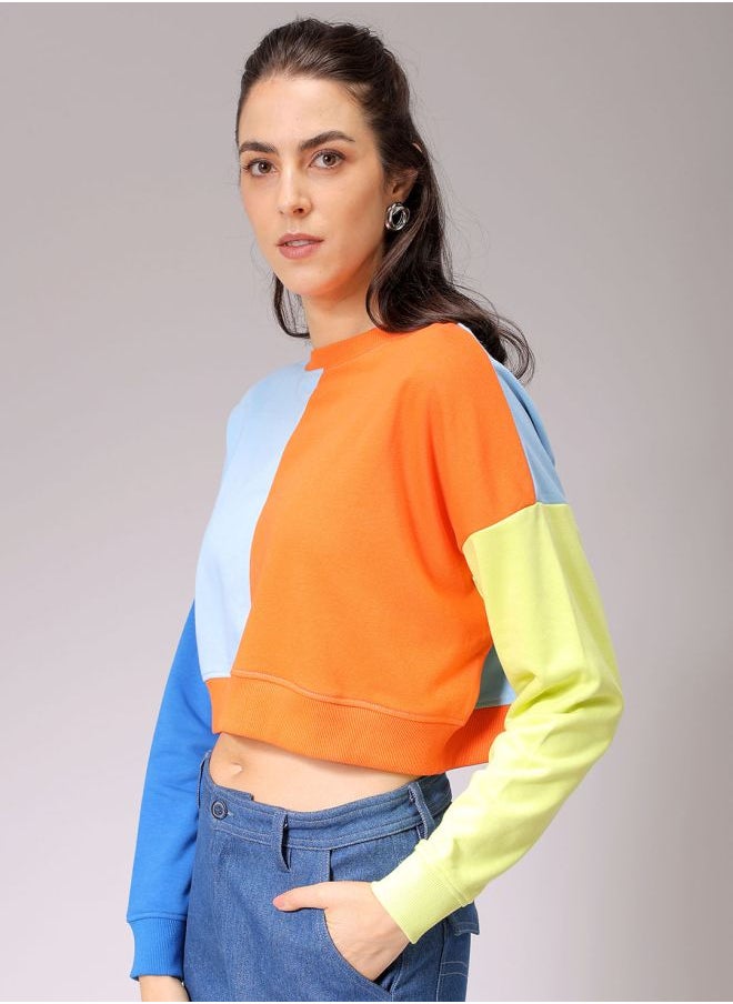 Women Boxy Fit Colourblocked Cropped Sweatshirt