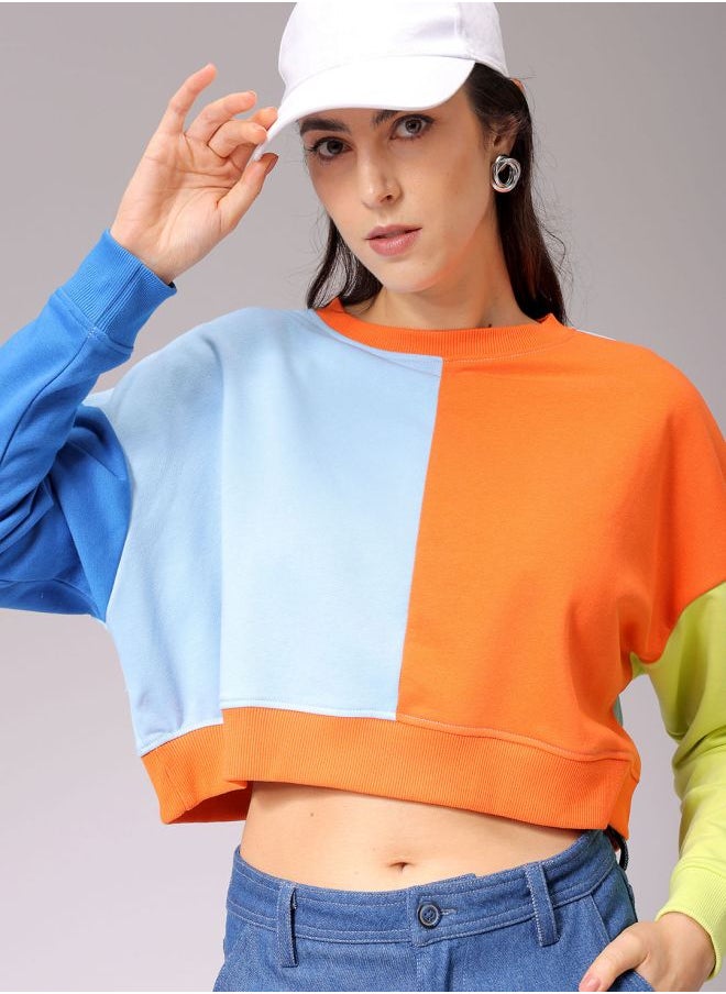 Women Boxy Fit Colourblocked Cropped Sweatshirt
