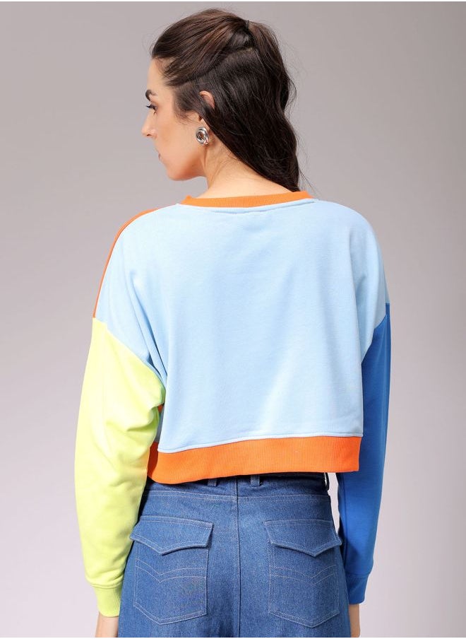 Women Boxy Fit Colourblocked Cropped Sweatshirt