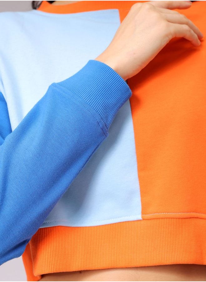 Women Boxy Fit Colourblocked Cropped Sweatshirt