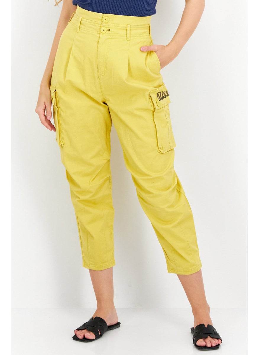 Women Regular Fit Solid Cargo Pants, Yellow
