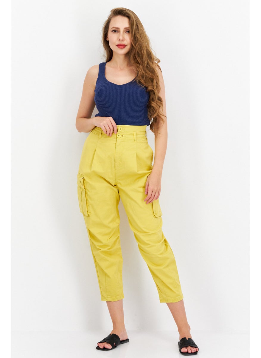 Women Regular Fit Solid Cargo Pants, Yellow