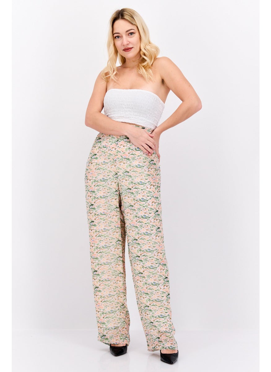 Women Regular Fit Allover Print Wide Pants, Beige