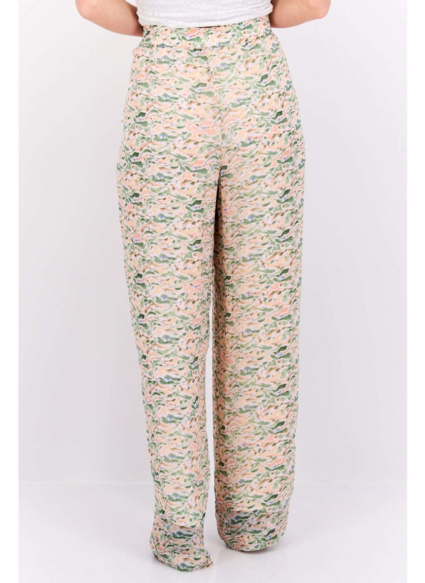 Women Regular Fit Allover Print Wide Pants, Beige