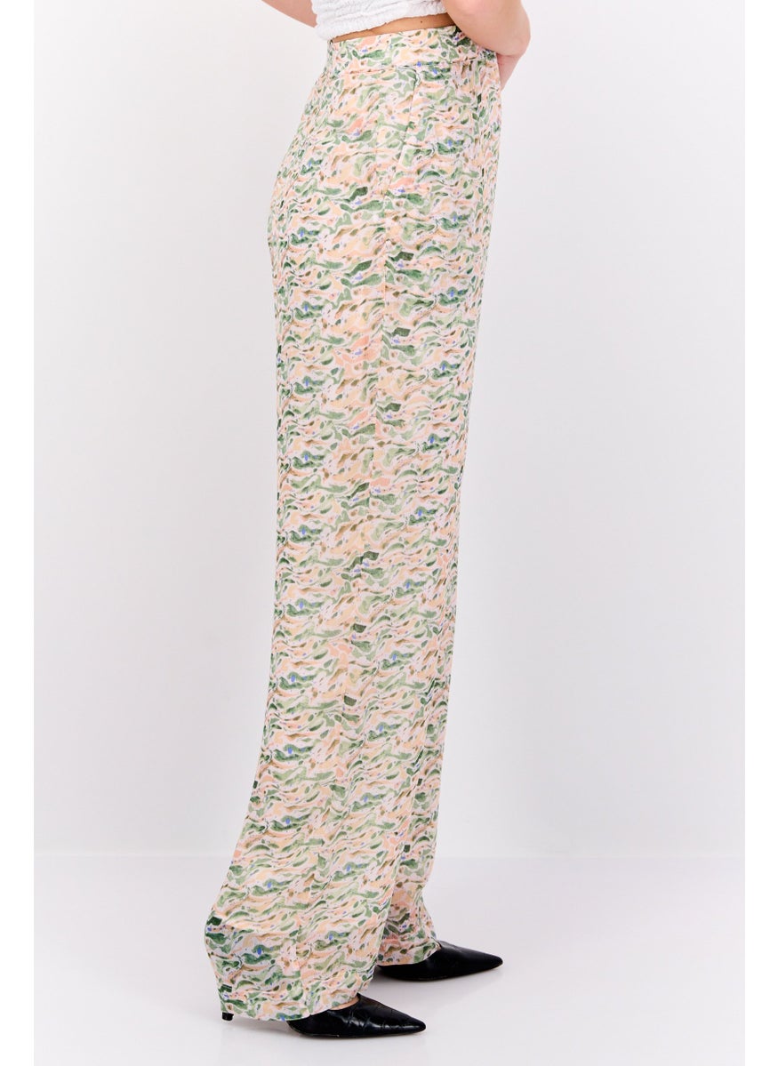 Women Regular Fit Allover Print Wide Pants, Beige