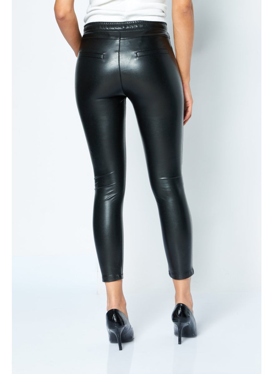 Women Regular Fit Drawstring Plain Leather Pants, Black