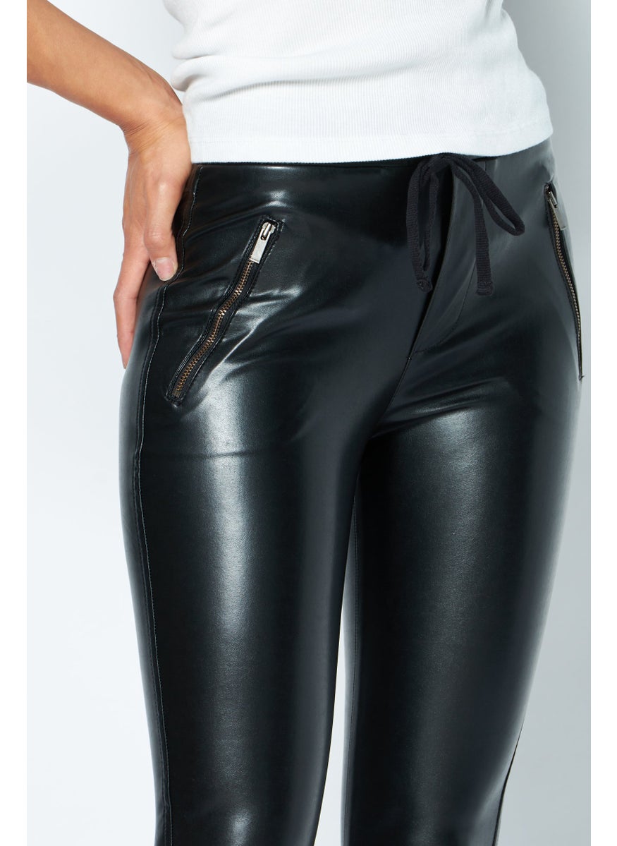 Women Regular Fit Drawstring Plain Leather Pants, Black