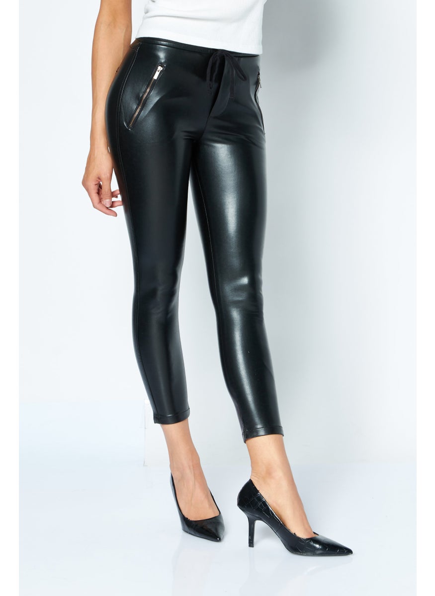 Women Regular Fit Drawstring Plain Leather Pants, Black
