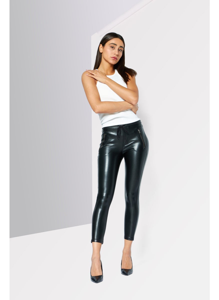 Women Regular Fit Drawstring Plain Leather Pants, Black