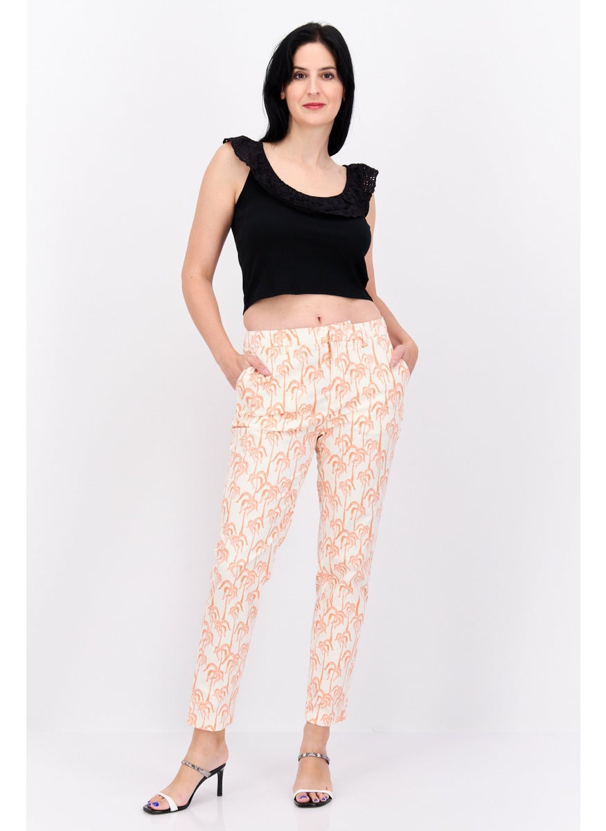 Women Slim Fit Allover Print Chino Pants, White Combo