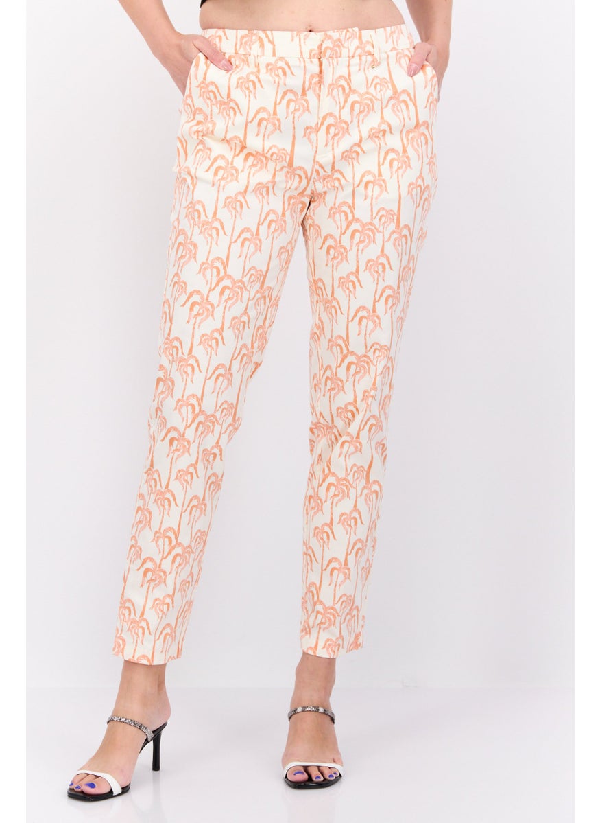 Women Slim Fit Allover Print Chino Pants, White Combo