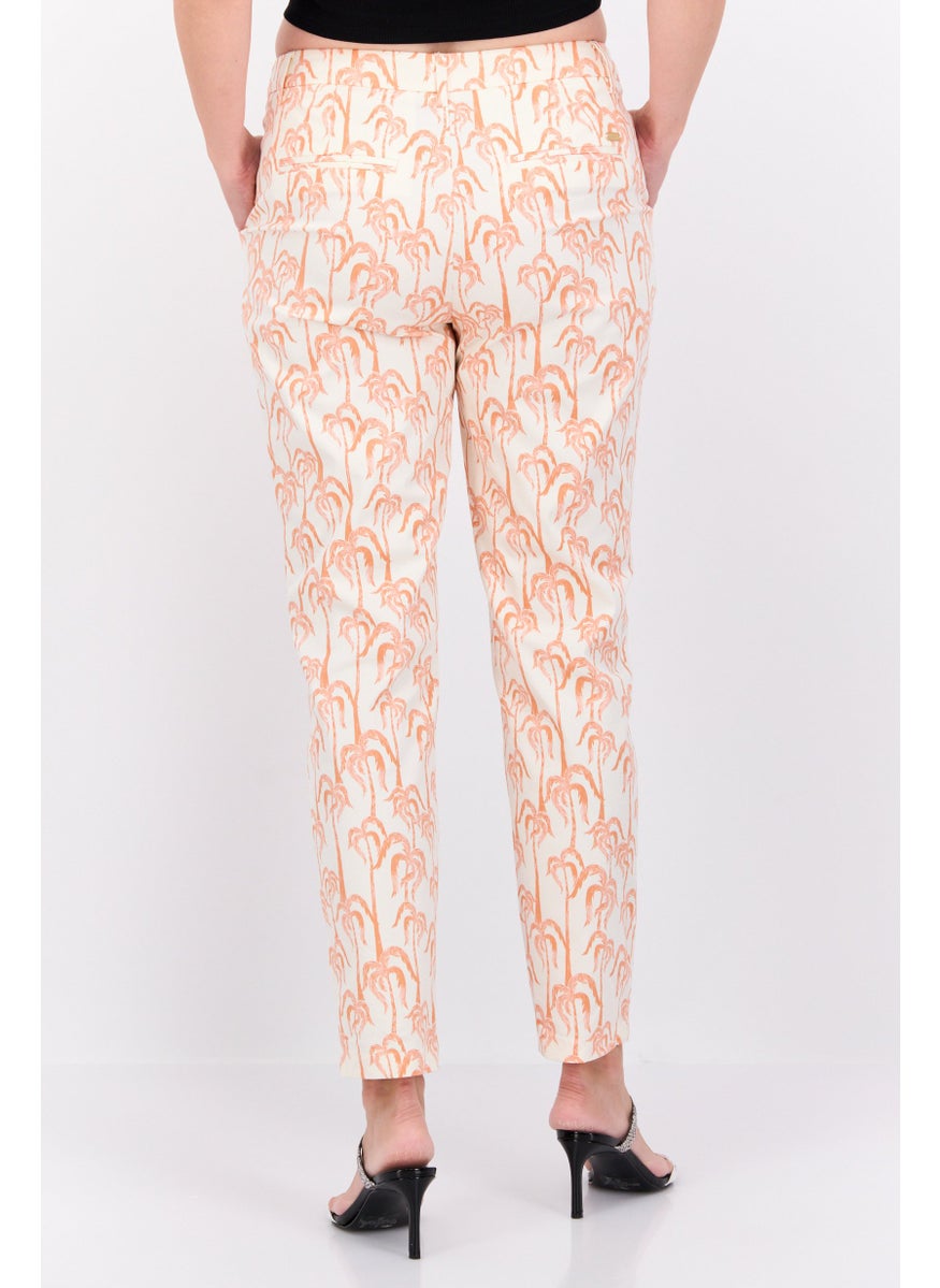 Women Slim Fit Allover Print Chino Pants, White Combo