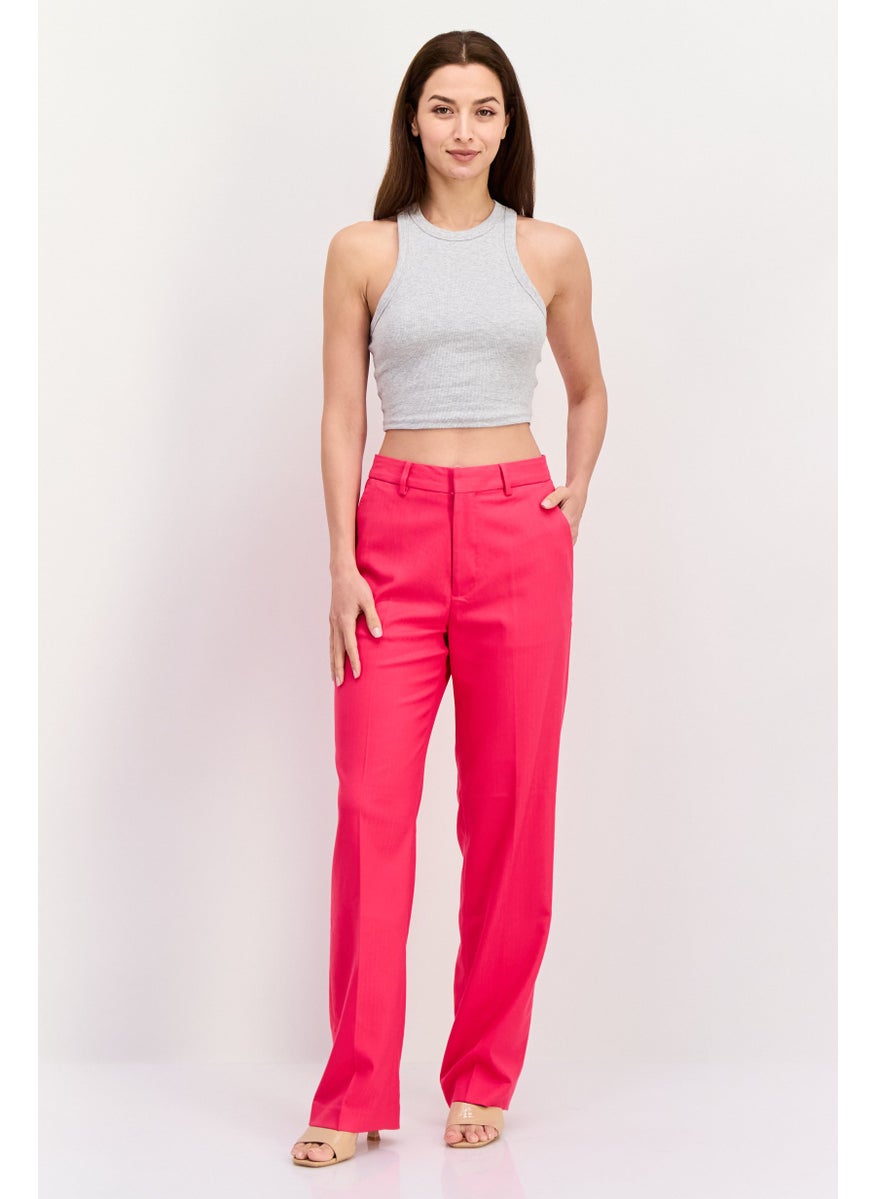 Women Regular Fit Solid Straight Leg Pants, Pink