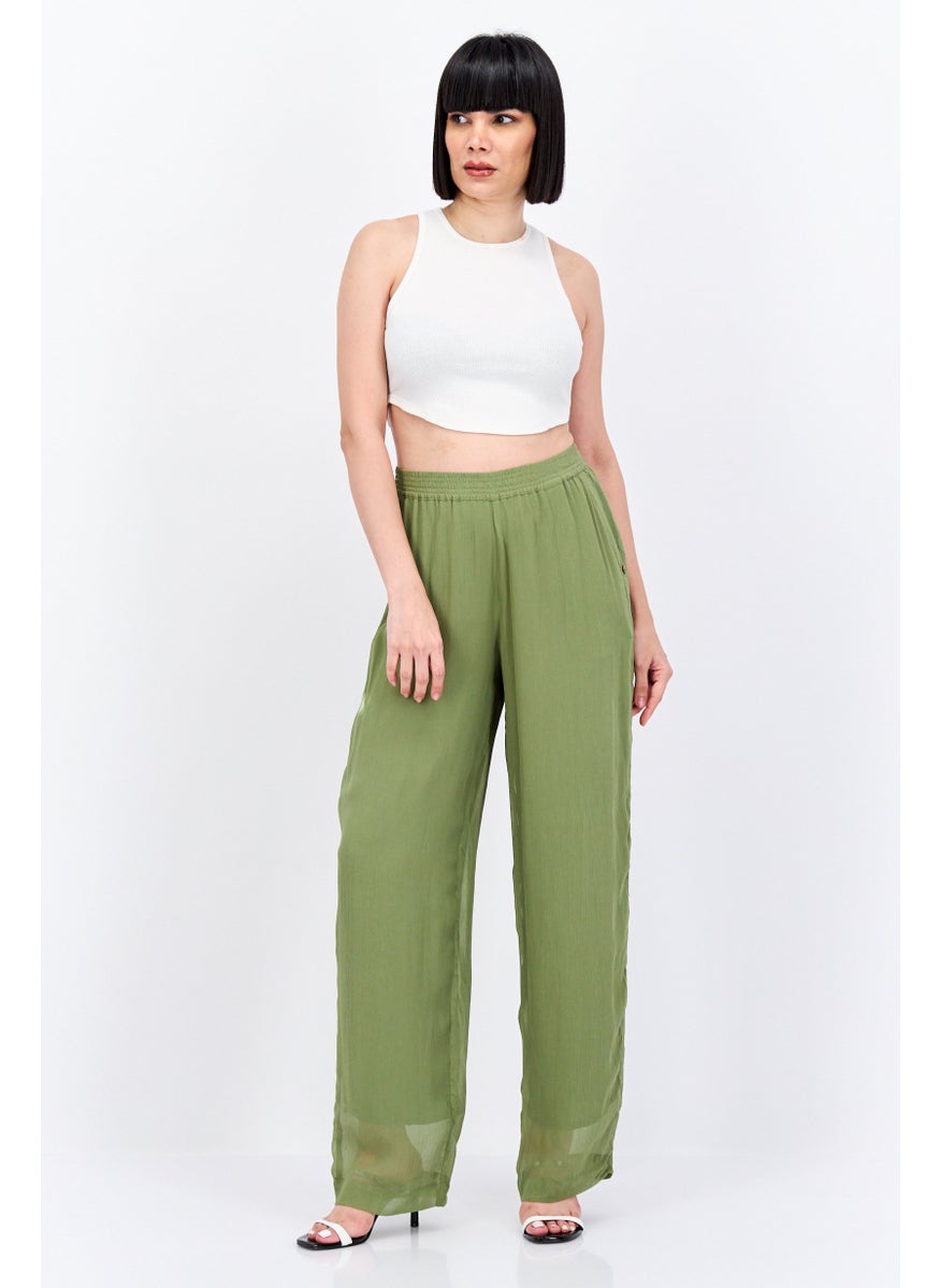 Women Wide Leg Textured Pull On Pants, Olive