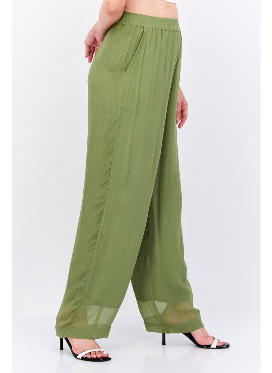 Women Wide Leg Textured Pull On Pants, Olive