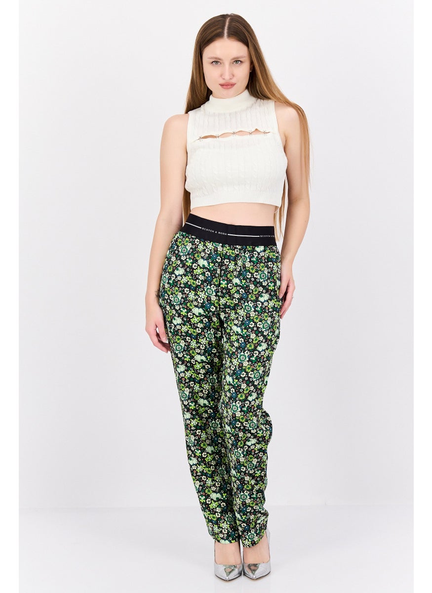 Women Floral Pattern Pull On Palazzo Pants, Green Combo