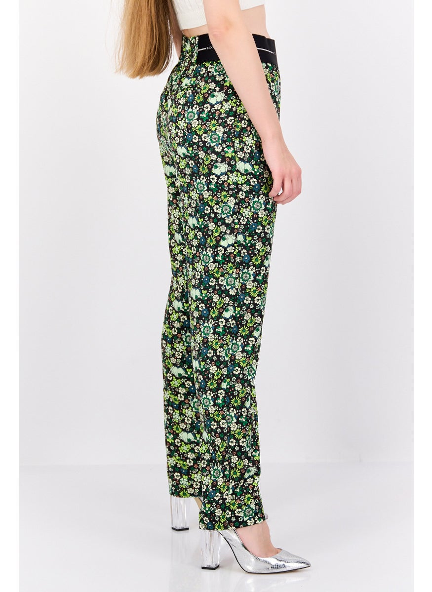 Women Floral Pattern Pull On Palazzo Pants, Green Combo