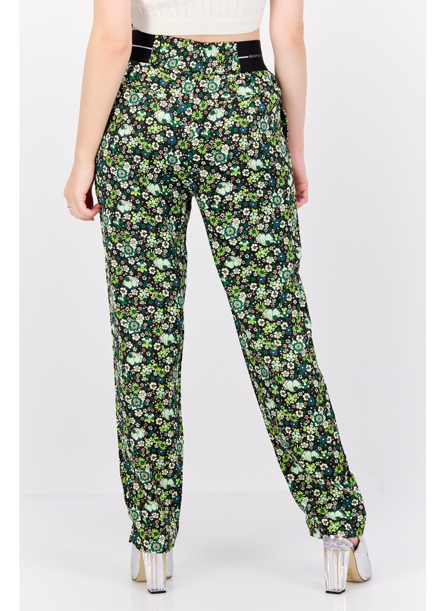 Women Floral Pattern Pull On Palazzo Pants, Green Combo
